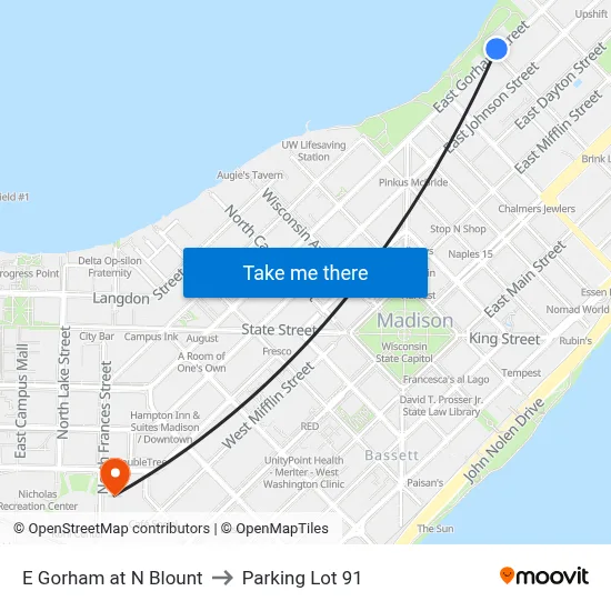 E Gorham at N Blount to Parking Lot 91 map