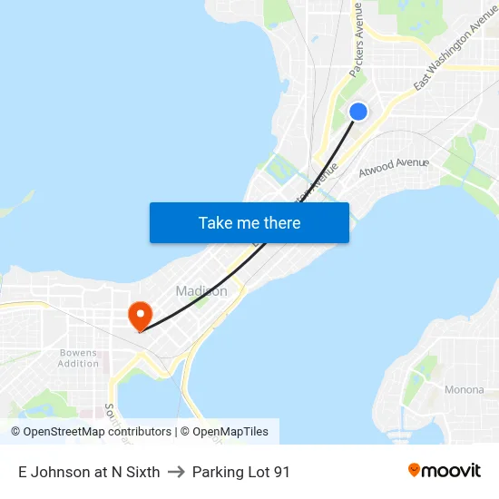 E Johnson at N Sixth to Parking Lot 91 map