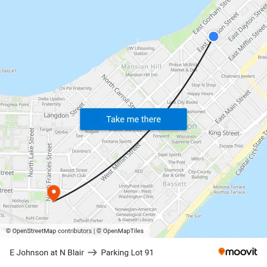 E Johnson at N Blair to Parking Lot 91 map