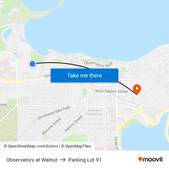 Observatory at Walnut to Parking Lot 91 map