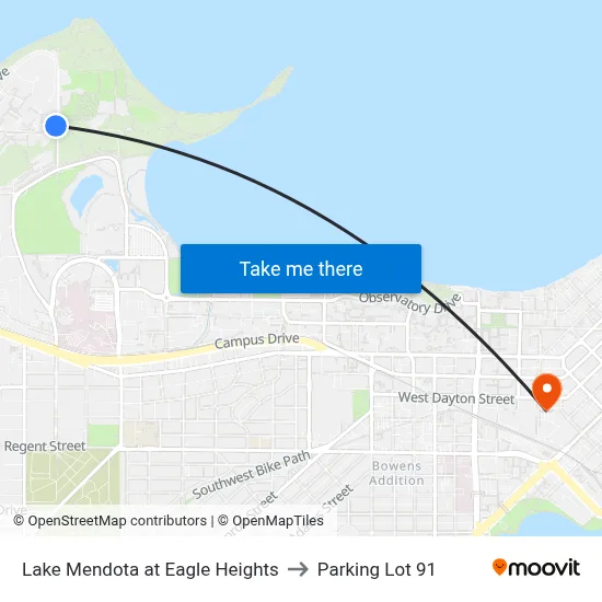 Lake Mendota at Eagle Heights to Parking Lot 91 map