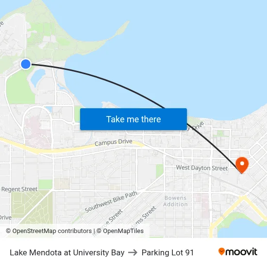 Lake Mendota at University Bay to Parking Lot 91 map