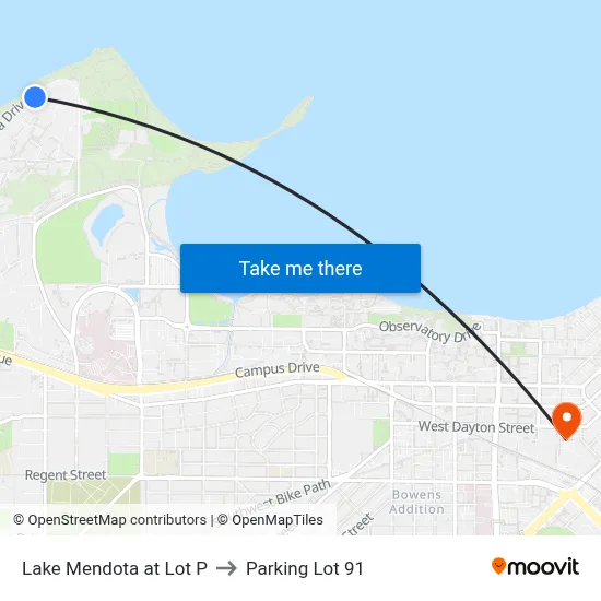Lake Mendota at Lot P to Parking Lot 91 map