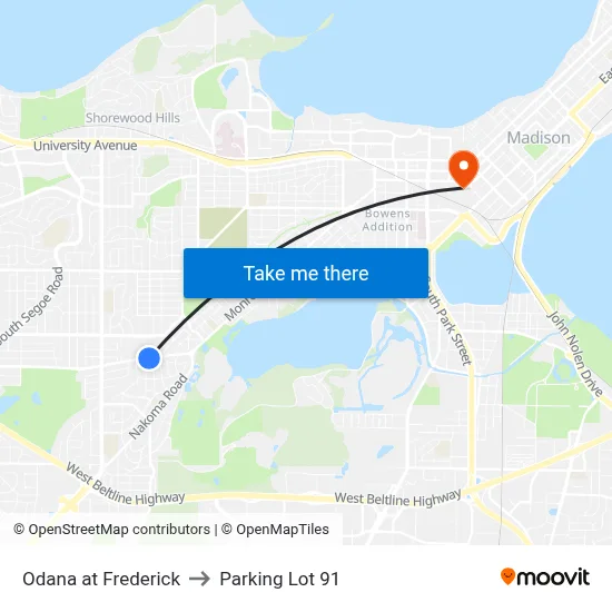 Odana at Frederick to Parking Lot 91 map
