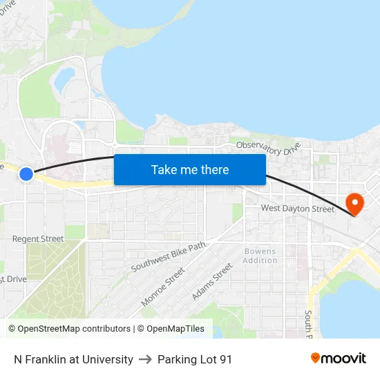 N Franklin at University to Parking Lot 91 map