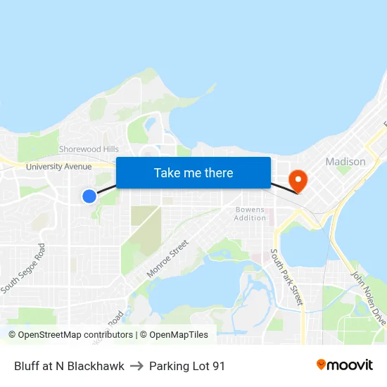 Bluff at N Blackhawk to Parking Lot 91 map