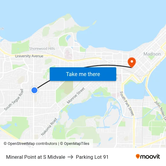 Mineral Point at S Midvale to Parking Lot 91 map