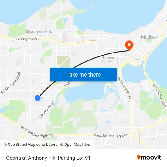 Odana at Anthony to Parking Lot 91 map