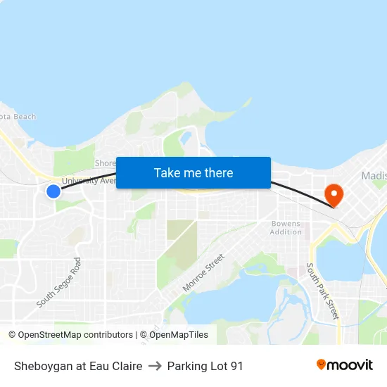 Sheboygan at Eau Claire to Parking Lot 91 map