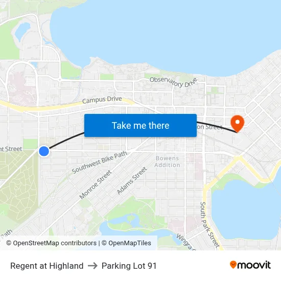 Regent at Highland to Parking Lot 91 map