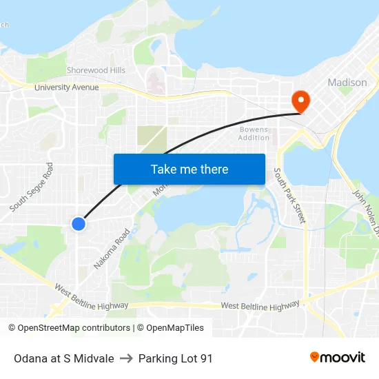Odana at S Midvale to Parking Lot 91 map