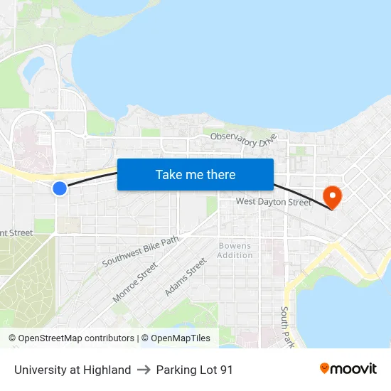 University at Highland to Parking Lot 91 map