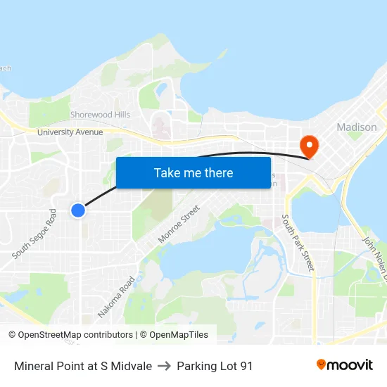 Mineral Point at S Midvale to Parking Lot 91 map