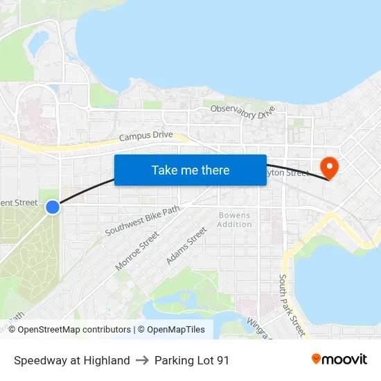 Speedway at Highland to Parking Lot 91 map