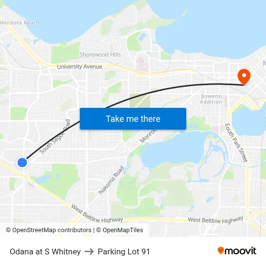 Odana at S Whitney to Parking Lot 91 map