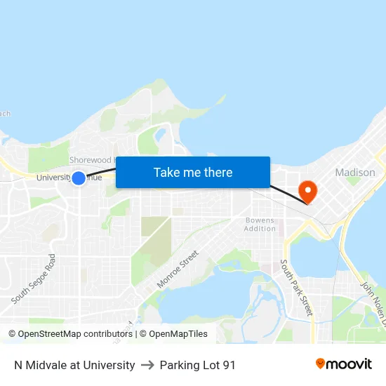 N Midvale at University to Parking Lot 91 map