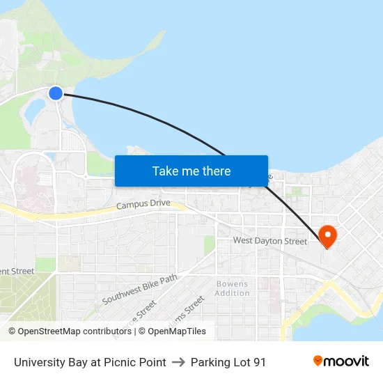 University Bay at Picnic Point to Parking Lot 91 map