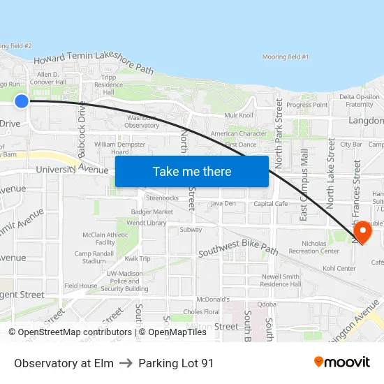 Observatory at Elm to Parking Lot 91 map