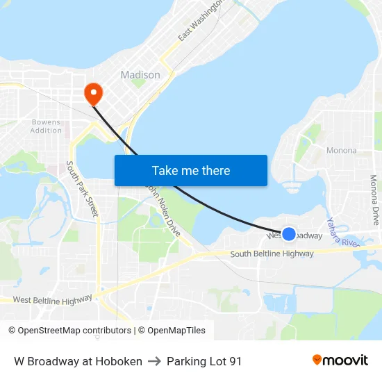 W Broadway at Hoboken to Parking Lot 91 map
