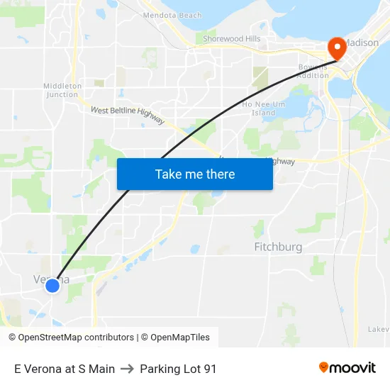 E Verona at S Main to Parking Lot 91 map