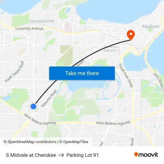 S Midvale at Cherokee to Parking Lot 91 map