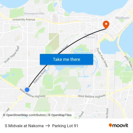 S Midvale at Nakoma to Parking Lot 91 map