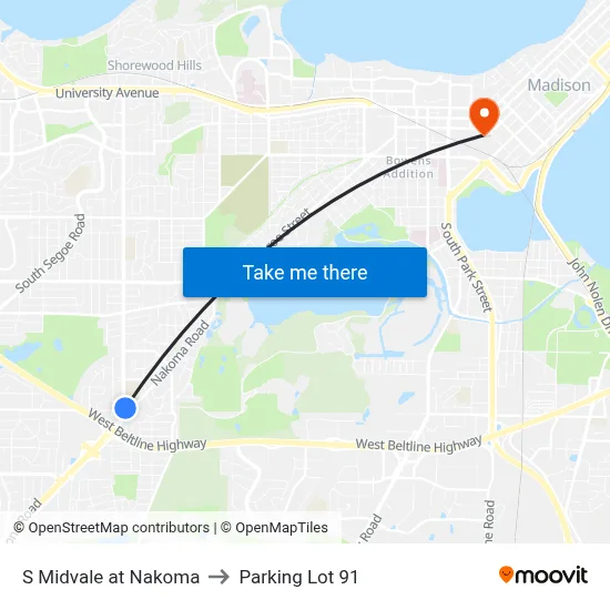 S Midvale at Nakoma to Parking Lot 91 map