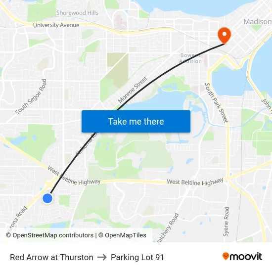 Red Arrow at Thurston to Parking Lot 91 map
