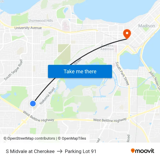 S Midvale at Cherokee to Parking Lot 91 map
