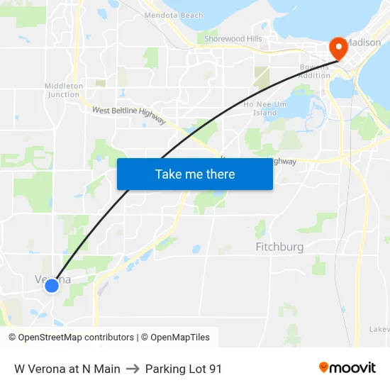 W Verona at N Main to Parking Lot 91 map