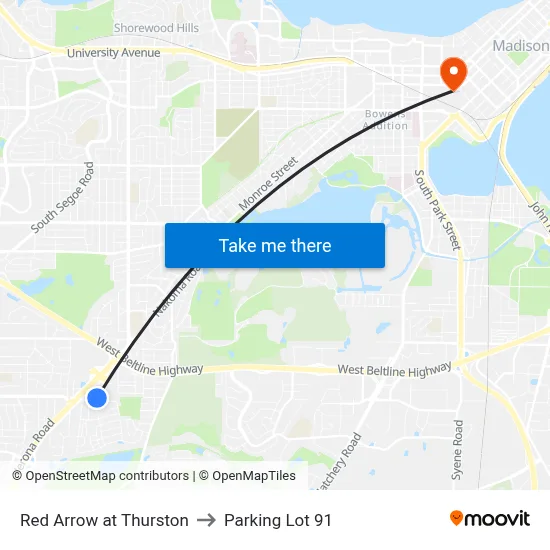 Red Arrow at Thurston to Parking Lot 91 map