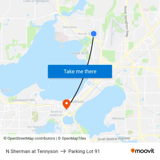 N Sherman at Tennyson to Parking Lot 91 map