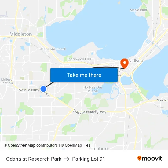 Odana at Research Park to Parking Lot 91 map