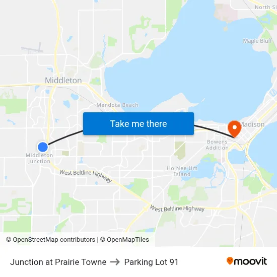 Junction at Prairie Towne to Parking Lot 91 map