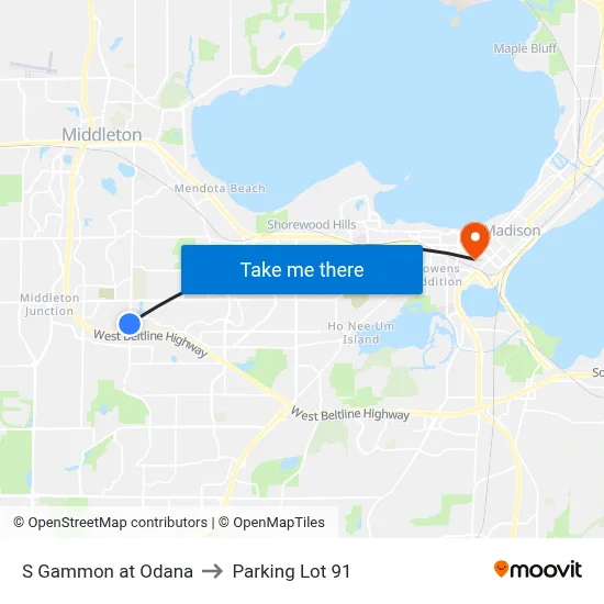 S Gammon at Odana to Parking Lot 91 map
