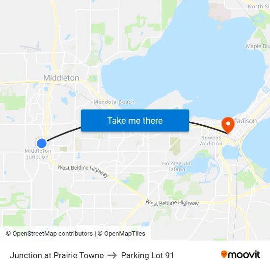 Junction at Prairie Towne to Parking Lot 91 map