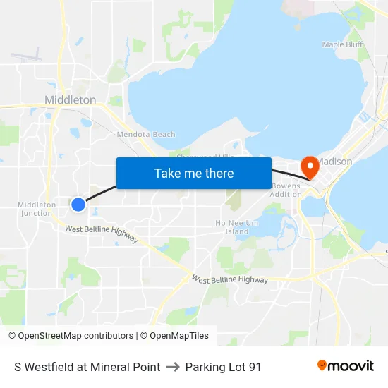 S Westfield at Mineral Point to Parking Lot 91 map