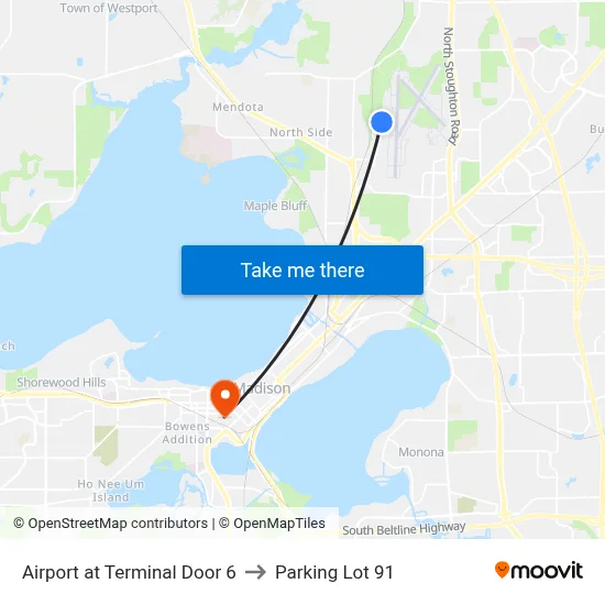 Airport at Terminal Door 6 to Parking Lot 91 map