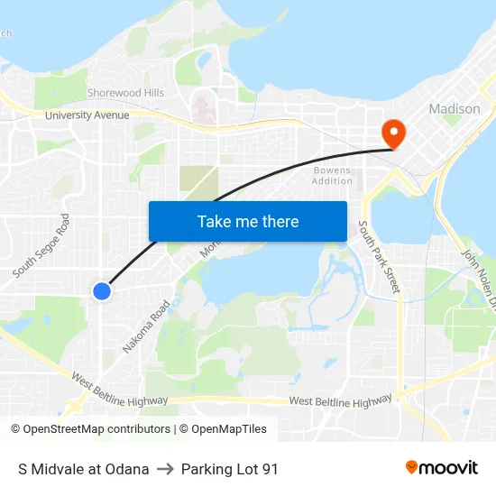 S Midvale at Odana to Parking Lot 91 map