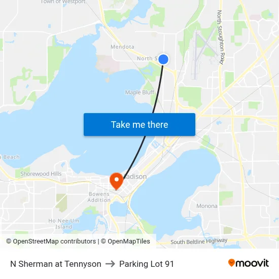 N Sherman at Tennyson to Parking Lot 91 map