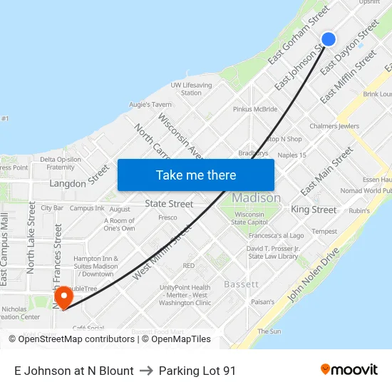 E Johnson at N Blount to Parking Lot 91 map