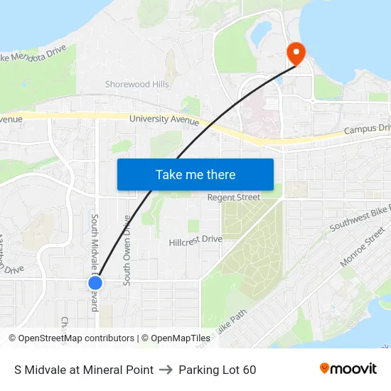 S Midvale at Mineral Point to Parking Lot 60 map