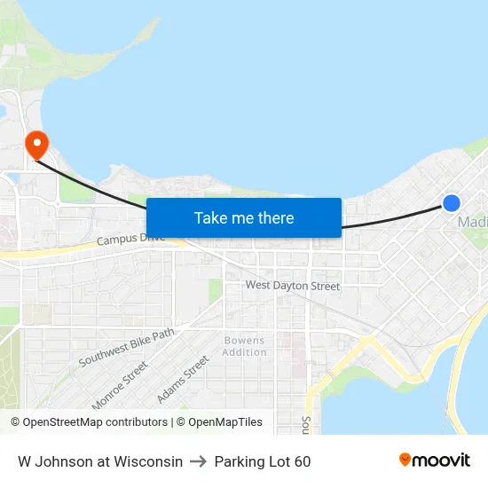 W Johnson at Wisconsin to Parking Lot 60 map