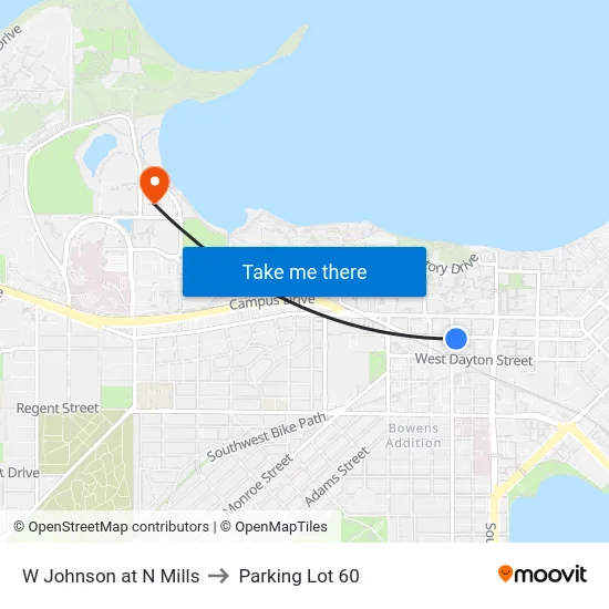 W Johnson at N Mills to Parking Lot 60 map