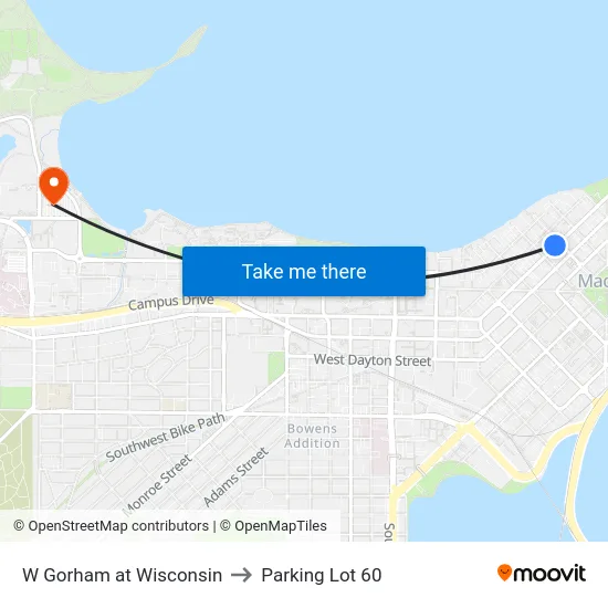 W Gorham at Wisconsin to Parking Lot 60 map