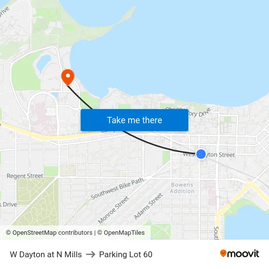 W Dayton at N Mills to Parking Lot 60 map