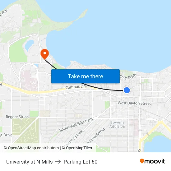 University at N Mills to Parking Lot 60 map