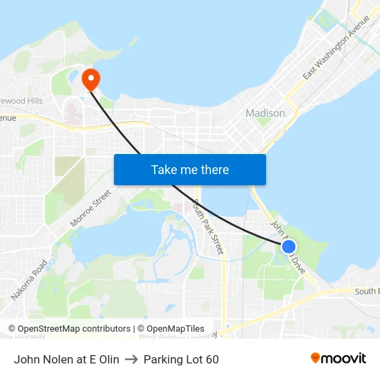 John Nolen at E Olin to Parking Lot 60 map