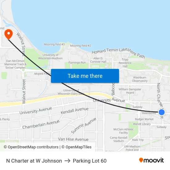 N Charter at W Johnson to Parking Lot 60 map