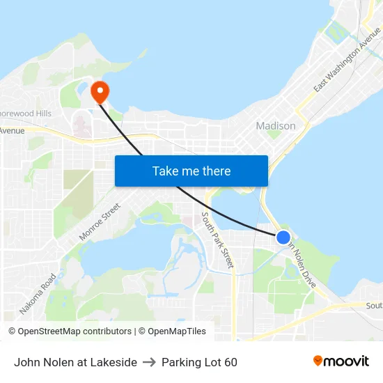 John Nolen at Lakeside to Parking Lot 60 map